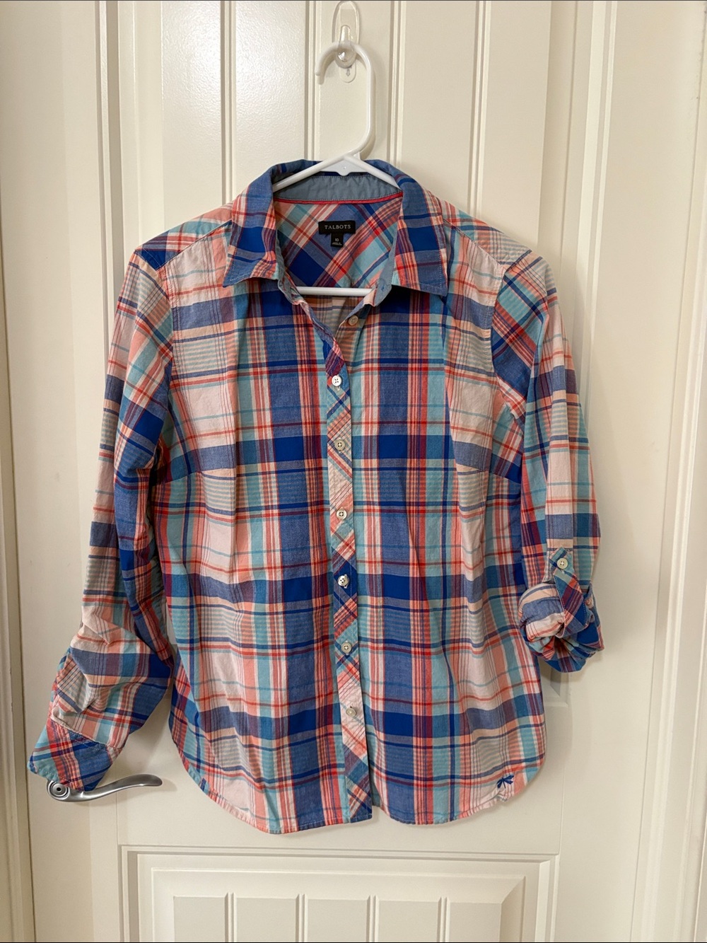 Talbots Blue, Coral & Aqua Plaid Button-Down‎ Shirt